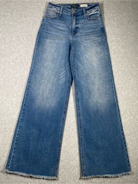 BCBGeneration Medium Blue Wide-Leg High-Rise Jeans with Frayed Hem